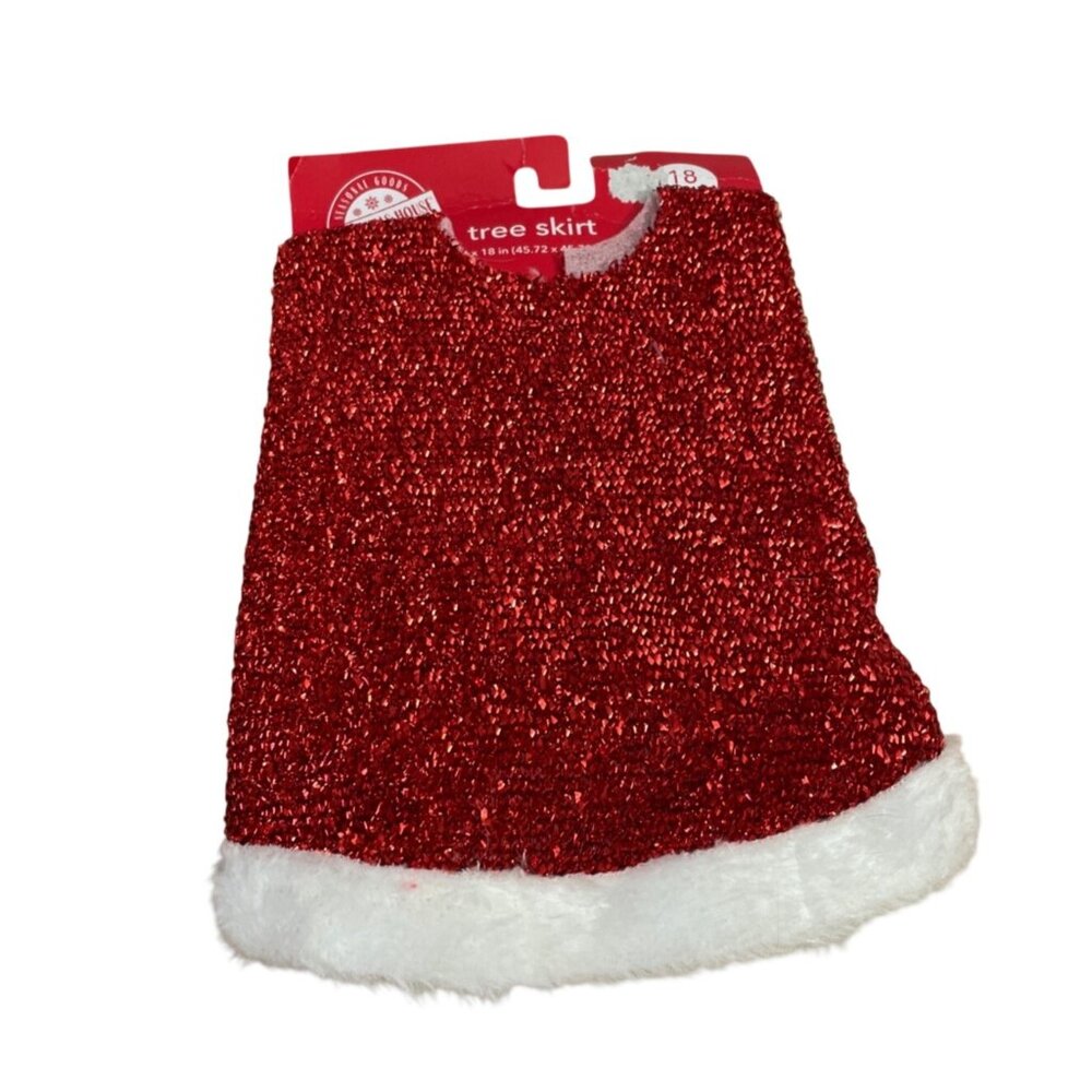 Mini Christmas Tree Skirt Red 18 in. Greenbrier Intl Glitter White Faux Fur New